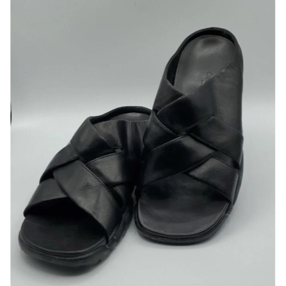 Cole Haan Black Leather Cross Strap Sandal Slides Sz 10.5 Men’s NikeAir Soles